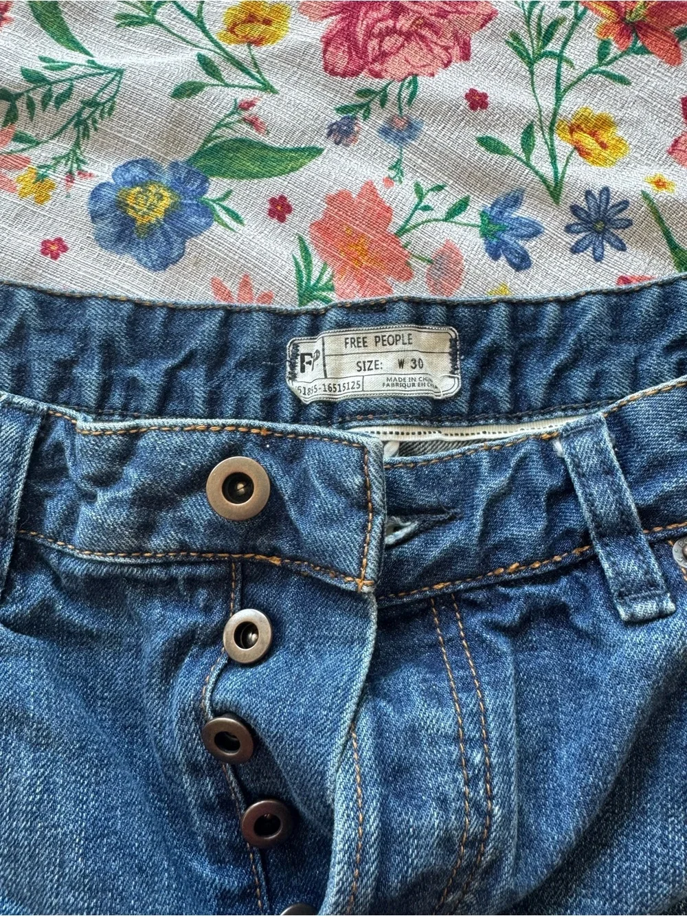 Free People Medium Blue Distressed Button-Fly Denim Shorts